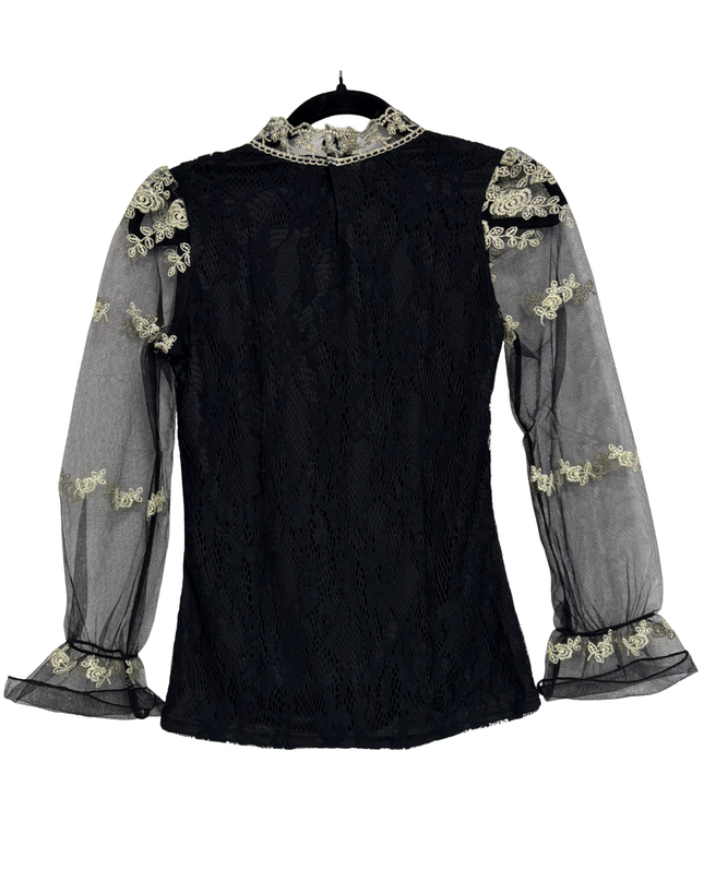 Lolita Gothic Pearl Embroidered Sheer Black Lace Victorian Blouse - XS