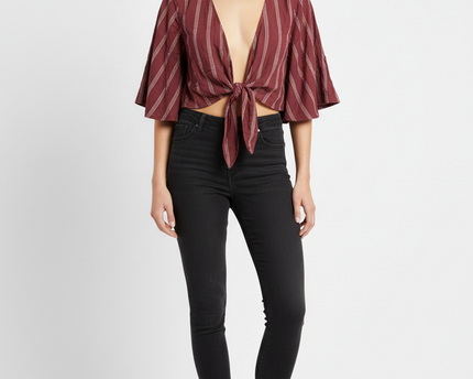 American Eagle Maroon Striped Tie-Front Shrug