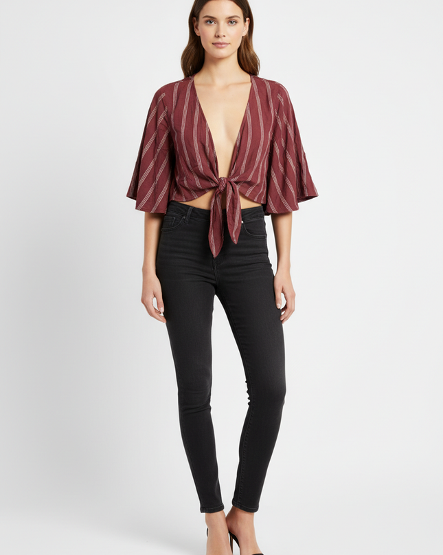 American Eagle Maroon Striped Tie-Front Shrug