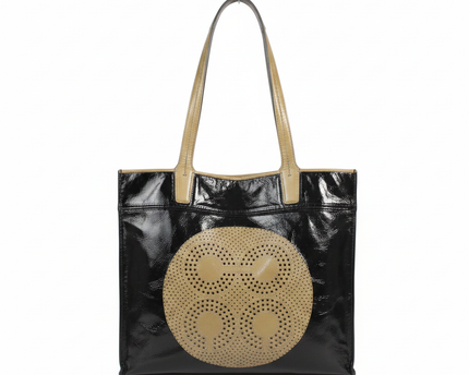 Coach Black Crinkled Patent Leather Tote Bag with Perforated Medallion
