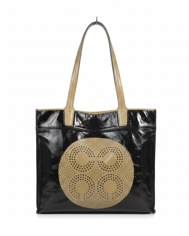 Coach Black Crinkled Patent Leather Tote Bag with Perforated Medallion