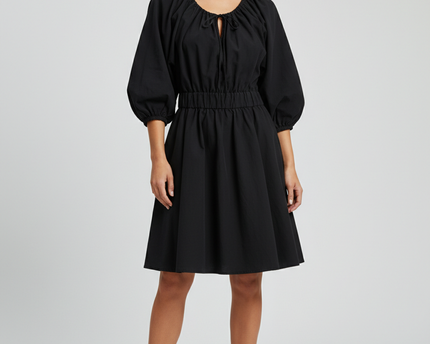 H&M Black Lyocell-Linen Puff Sleeve Tie-Neck Dress