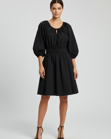 H&M Black Lyocell-Linen Puff Sleeve Tie-Neck Dress