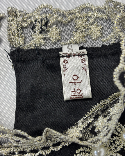 Lolita Gothic Pearl Embroidered Sheer Black Lace Victorian Blouse - XS