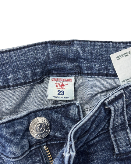True Religion Moto Skinny Fit Blue Jeans with Zipper Pockets - S | Waist: 28"
