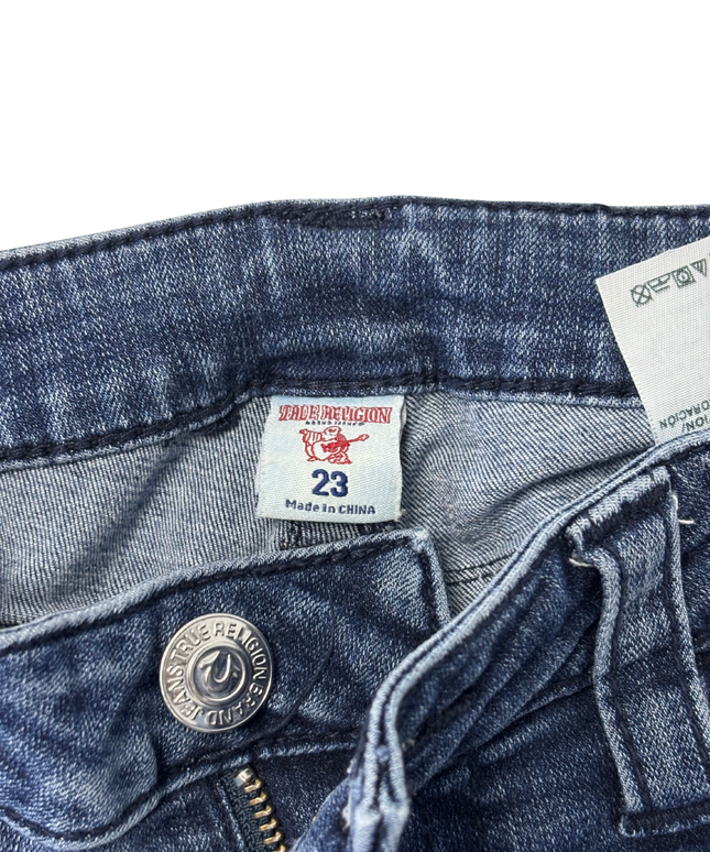 True Religion Moto Skinny Fit Blue Jeans with Zipper Pockets - S | Waist: 28"