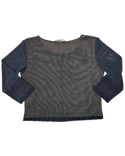 Melrose Petites Charcoal Mesh Ruched Lace Trim & Flared Sleeves Y2K Top