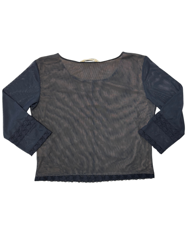 Melrose Petites Charcoal Mesh Ruched Lace Trim & Flared Sleeves Y2K Top