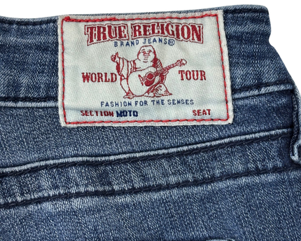True Religion Moto Skinny Fit Blue Jeans with Zipper Pockets - S | Waist: 28"