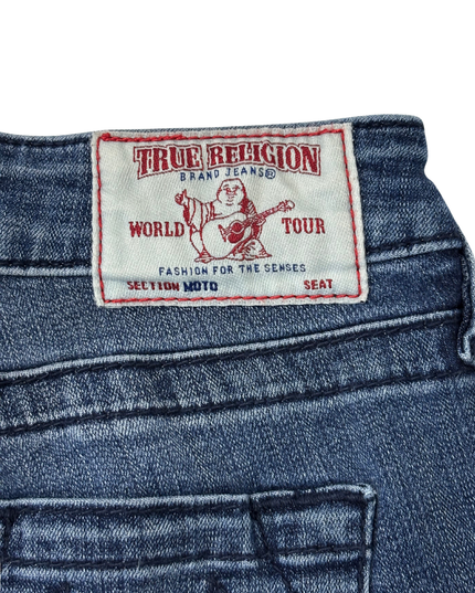 True Religion Moto Skinny Fit Blue Jeans with Zipper Pockets - S | Waist: 28"