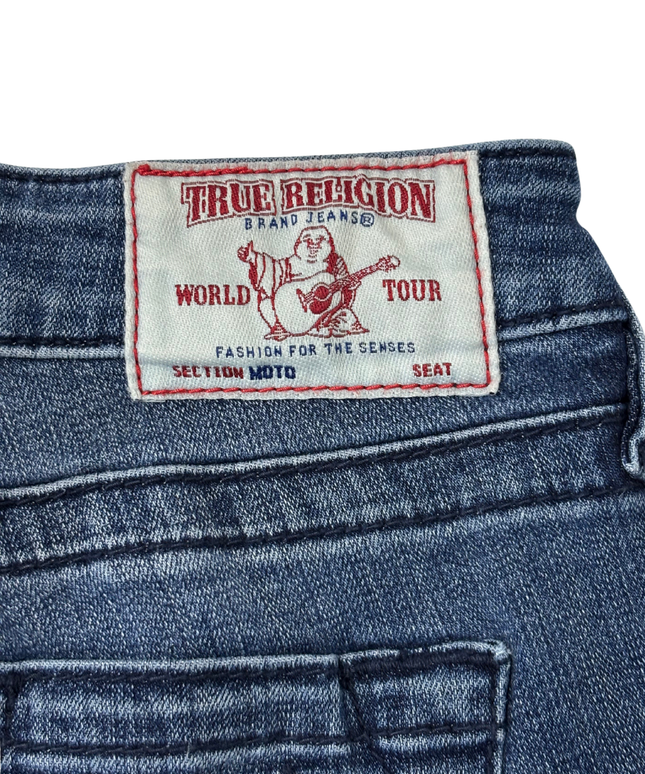 True Religion Moto Skinny Fit Blue Jeans with Zipper Pockets - S | Waist: 28"
