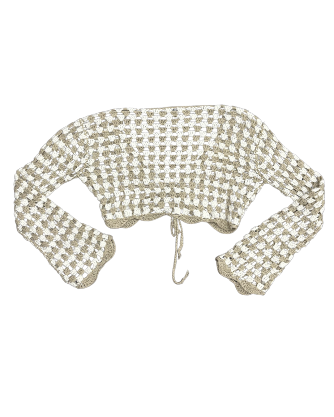 Emory Park Granny Square Crochet Bell Sleeve Tie Beige & White Cardigan - S
