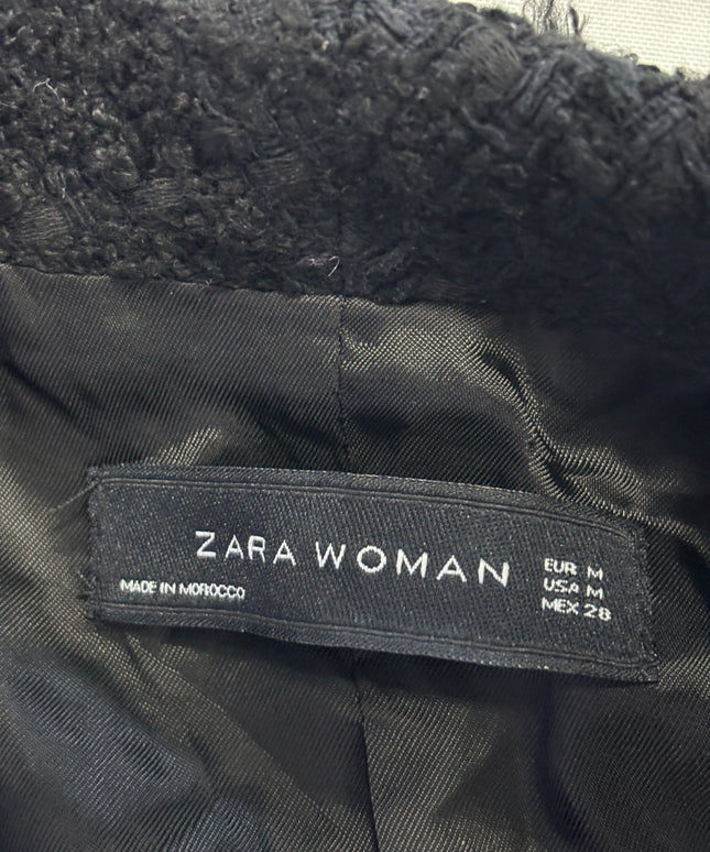Zara Black Tweed Frayed Double Breasted Blazer