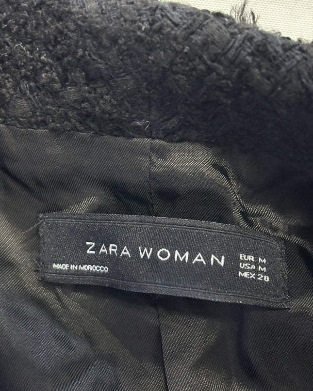 Zara Black Tweed Frayed Double Breasted Blazer