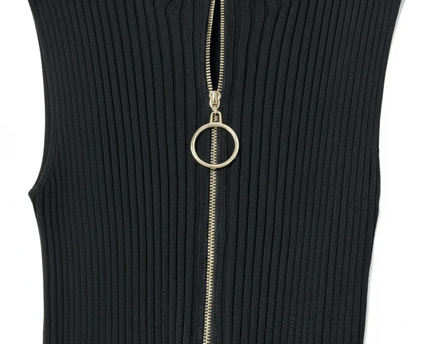 Maje Black Ribbed Zip-Neck Sleeveless Midi Dress