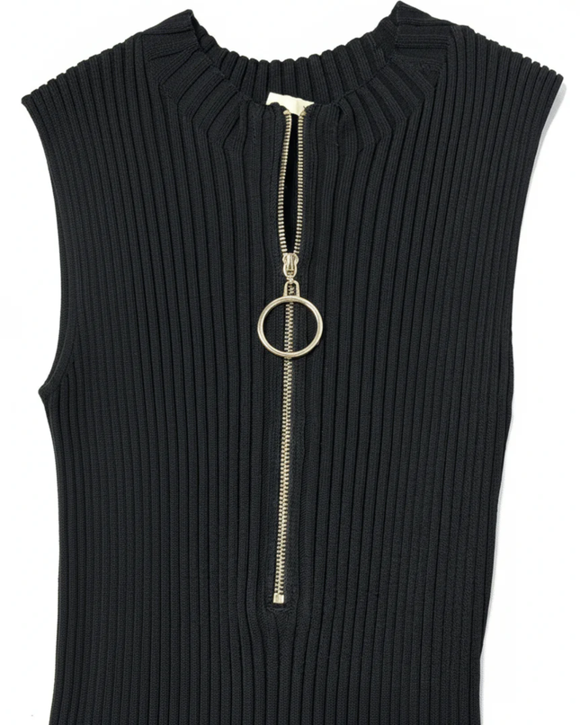 Maje Black Ribbed Zip-Neck Sleeveless Midi Dress