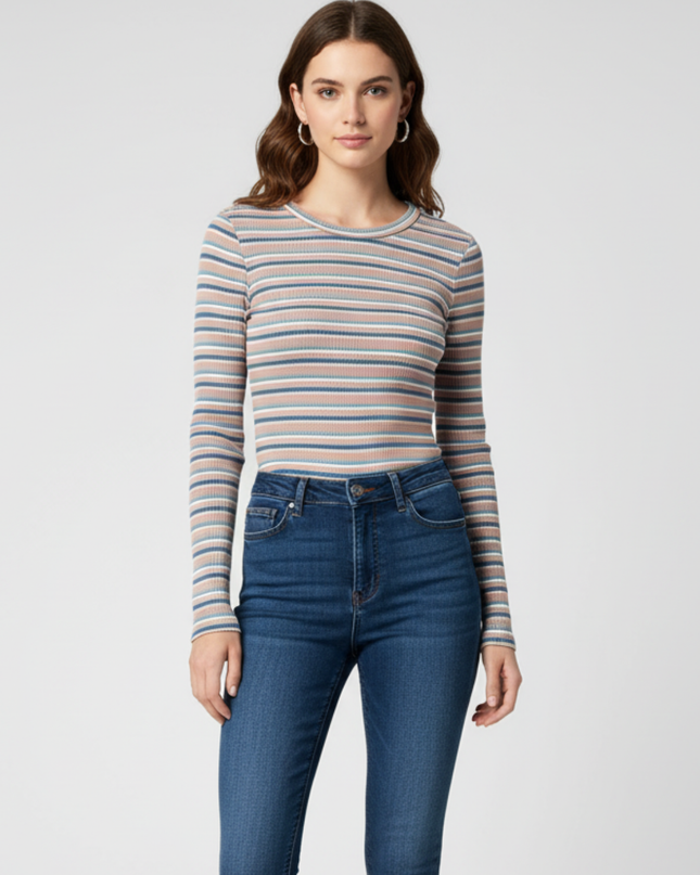 Shein Ribbed Retro Striped Long Sleeve T-Shirt