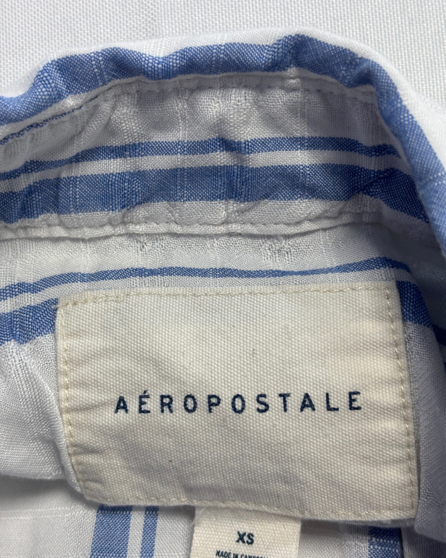 Aeropostale Blue and White Striped Cropped Long-Sleeve Shirt