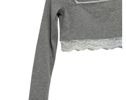 Skylar Rose Grey Ribbed Lace Trim Crop Top W/Tags