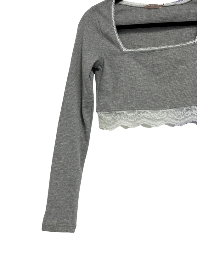 Skylar Rose Grey Ribbed Lace Trim Crop Top W/Tags