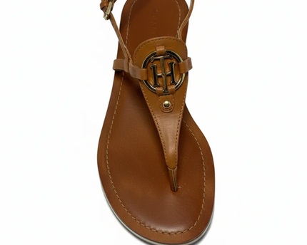 Tommy Hilfiger Light Brown T-Strap Logo Sandals W/Box