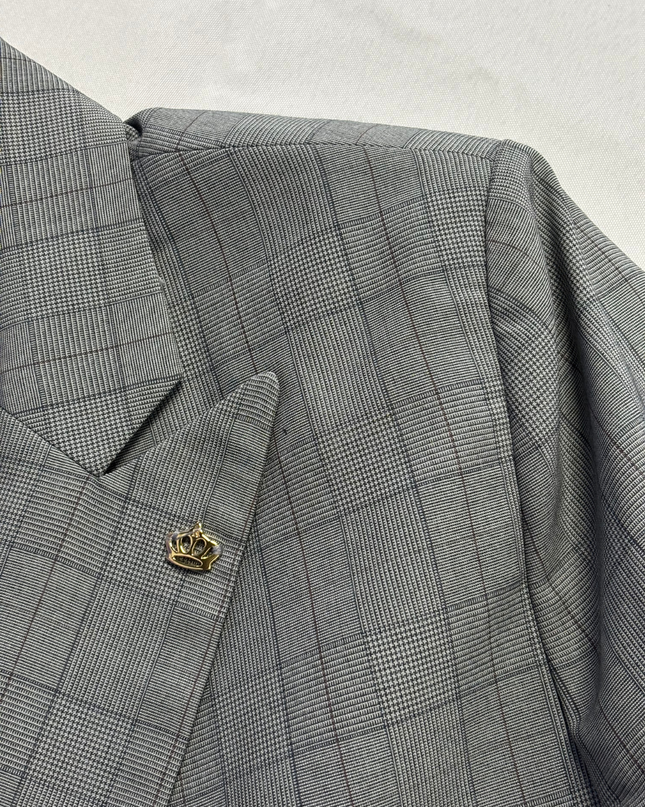 Royaled Grey Cropped Tie-Front Plaid Blazer