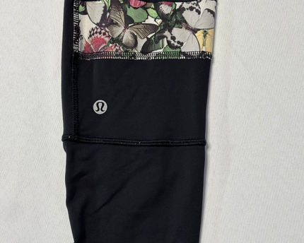 Lululemon Black Mixed-Media Performance Leggings with Floral Accents