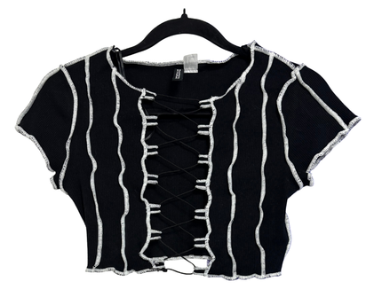 H&M Divided Black Lace-Up Lettuce Edge Ribbed Crop Top