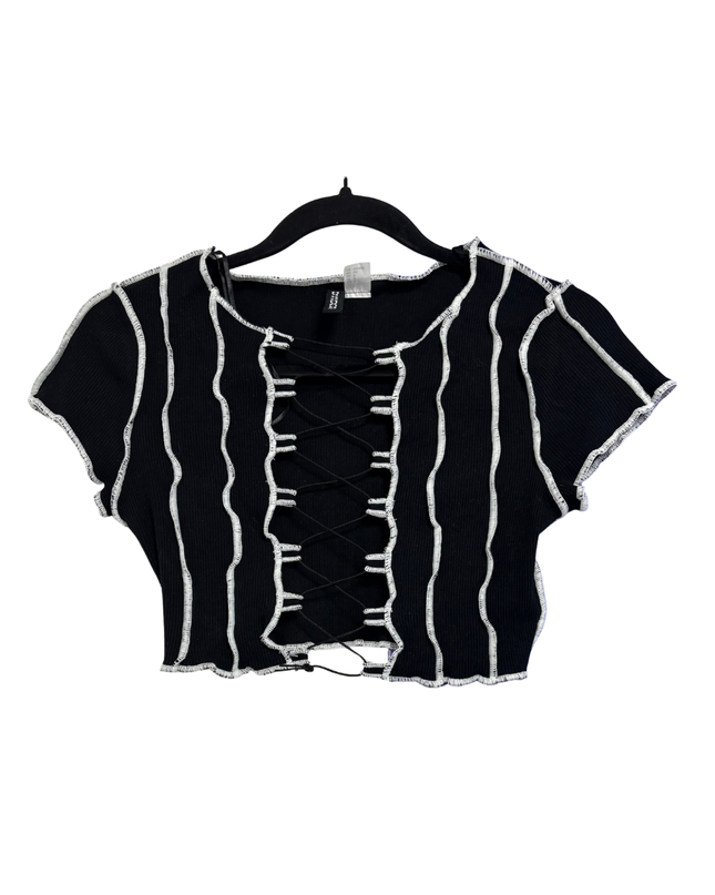H&M Divided Black Lace-Up Lettuce Edge Ribbed Crop Top