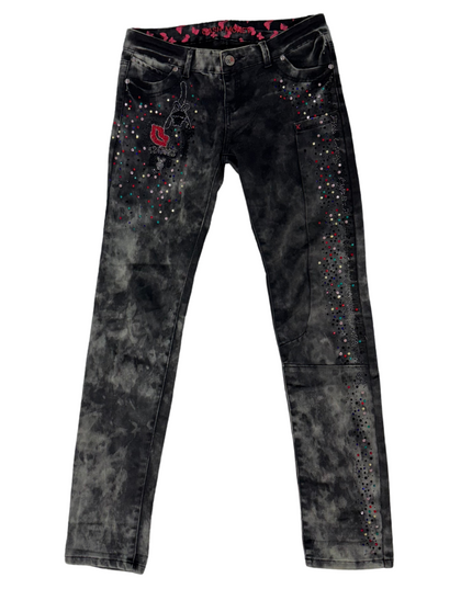 Cash Money Black Acid Wash Jeans – Rhinestone Torch & Butterfly Detail - M | Waist: 30