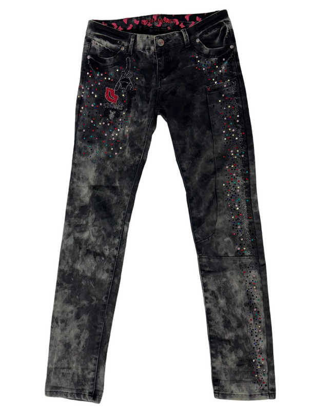 Cash Money Black Acid Wash Jeans – Rhinestone Torch & Butterfly Detail - M | Waist: 30