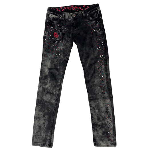 Cash Money Black Acid Wash Jeans – Rhinestone Torch & Butterfly Detail - M | Waist: 30