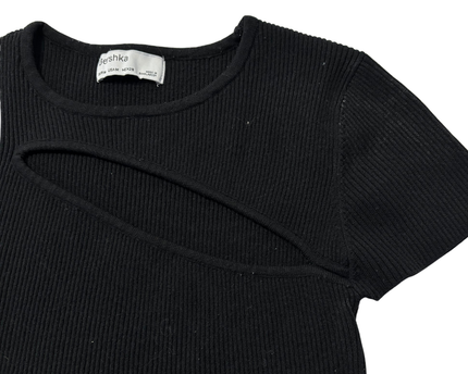 Bershka Black Ribbed Cut-Out Short Sleeve Crop Top