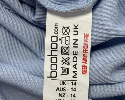 Boohoo Light Blue Ribbed Wrap Ruffle Dress