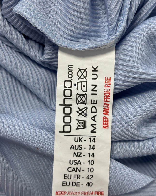 Boohoo Light Blue Ribbed Wrap Ruffle Dress