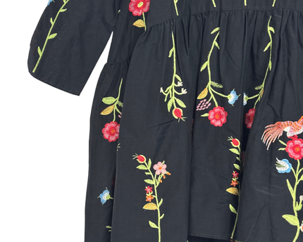 Zara Black Embroidered Floral Bird Tiered Mini Dress