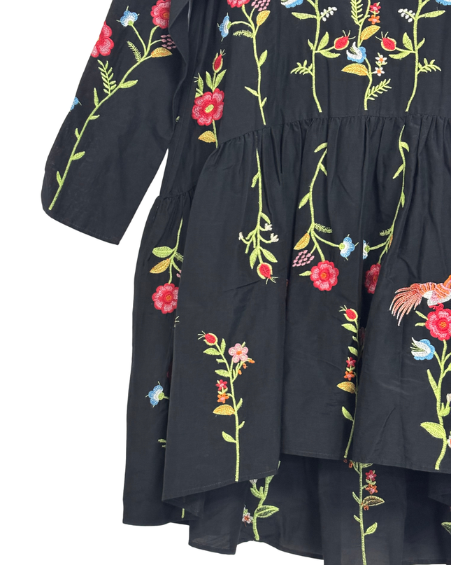 Zara Black Embroidered Floral Bird Tiered Mini Dress