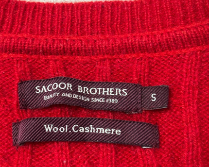Sacoor Brothers Red Cable Knit Wool & Cashmere V-Neck Sweater