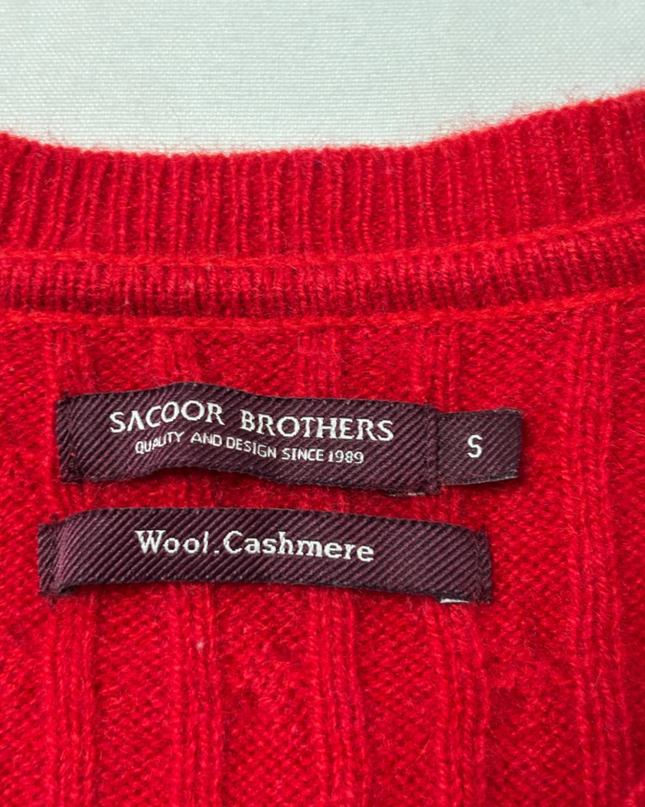 Sacoor Brothers Red Cable Knit Wool & Cashmere V-Neck Sweater