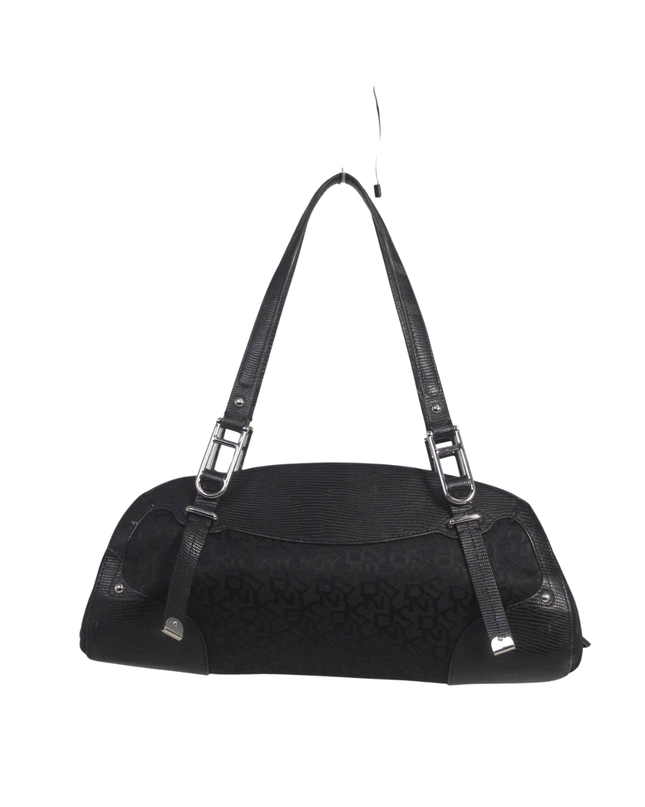 DKNY Black Monogram Canvas and Lizard-Embossed Shoulder Bag