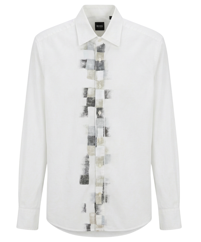 BOSS White Slim Fit Geometric Graphic Front Cotton Shirt