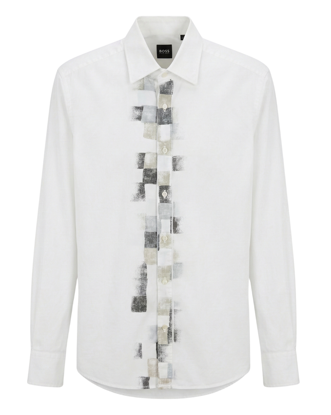 BOSS White Slim Fit Geometric Graphic Front Cotton Shirt