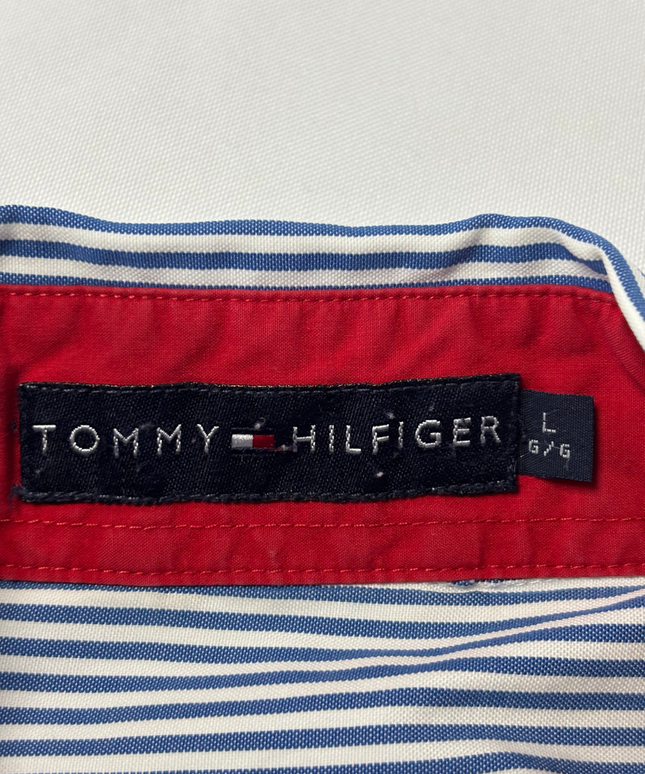 Tommy Hilfiger Men's Blue/White Striped Short Sleeve Button Down Shirt