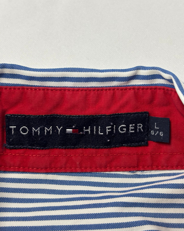 Tommy Hilfiger Men's Blue/White Striped Short Sleeve Button Down Shirt