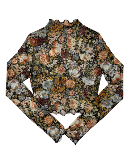 Vintage Floral Mesh See-Through Ruffle Top - XS