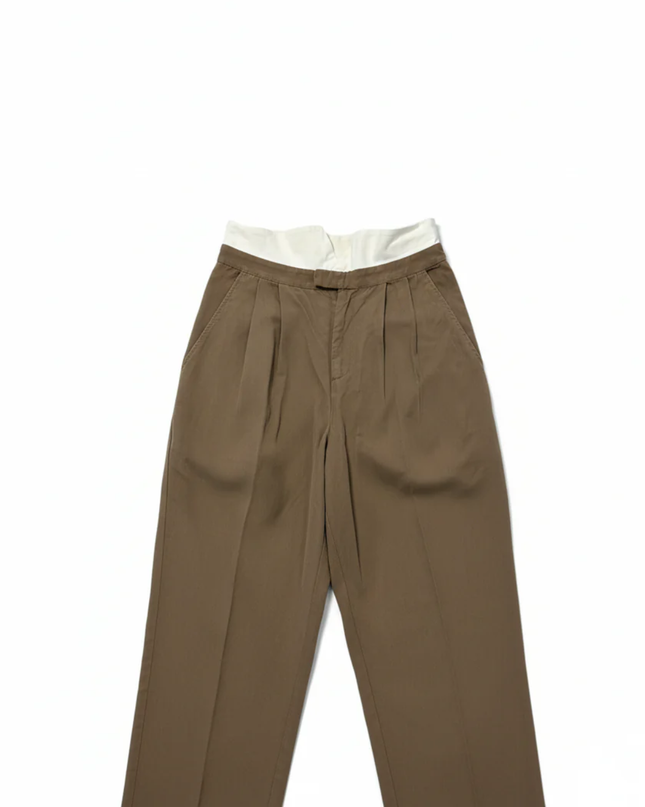 Reformation Brown Contrast Fold-Over Waistband Pleated Wide Leg Pants