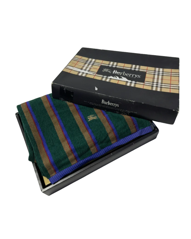 Vintage Burberrys Green Striped Terry Cloth Bath Towel W/Box
