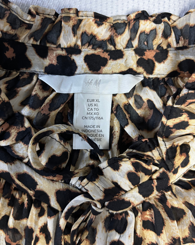 H&M Leopard Print Ruffle Neck Tie Blouse