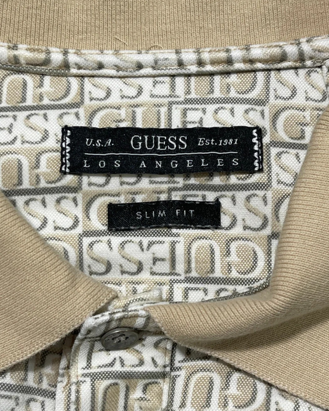 Guess Beige Monogram Print Slim Fit Polo Shirt