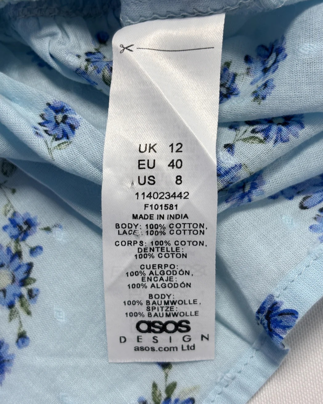 ASOS DESIGN Blue Floral Flare Sleeve Lace Trim Blouse